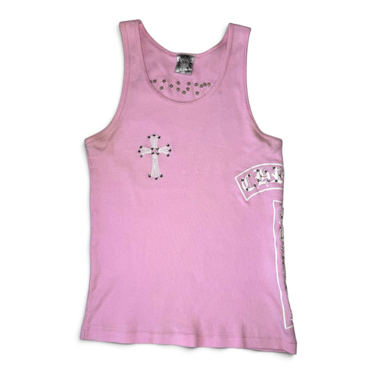 Chrome Hearts pink ribbed tank top with Swarovski crystals