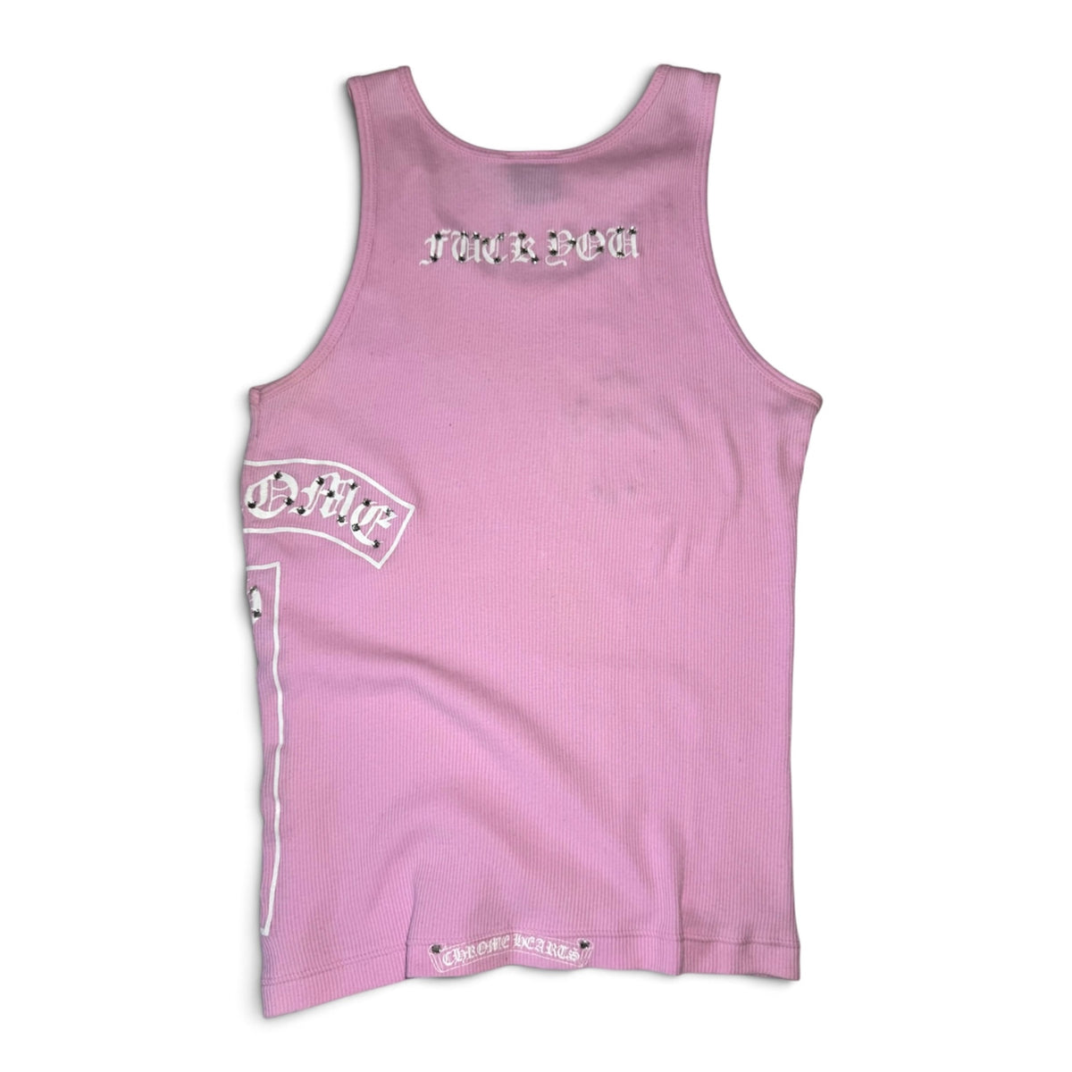 Chrome Hearts pink ribbed tank top with Swarovski crystals