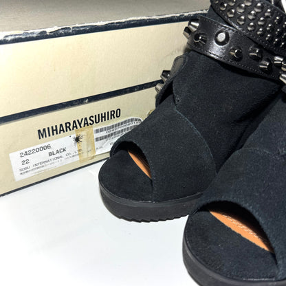 Miharayasuhiro AW14 belted open toe wedge boots