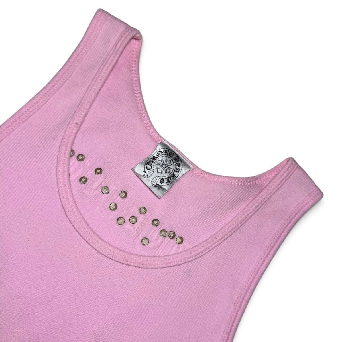 Chrome Hearts pink ribbed tank top with Swarovski crystals